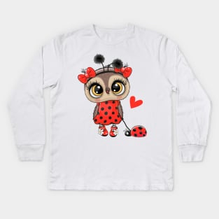 Cute fashion owl with a ladybug on a leash Kids Long Sleeve T-Shirt